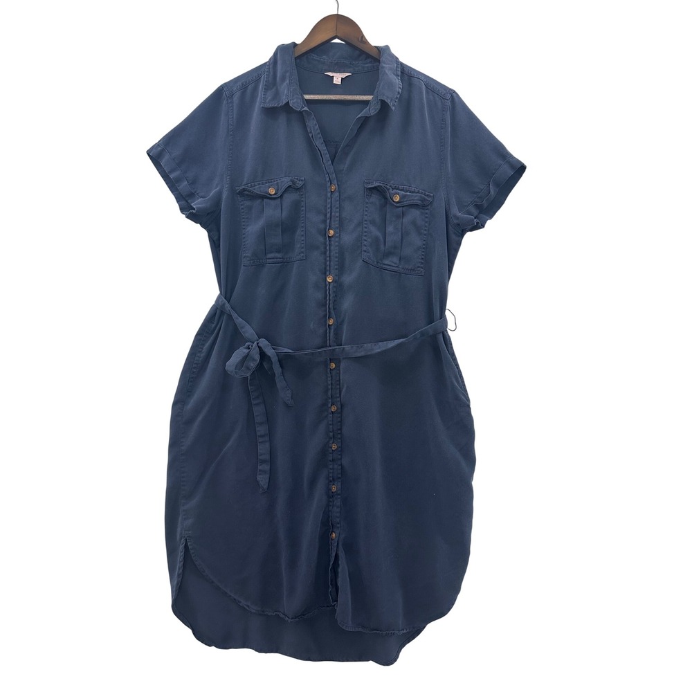 Teddi Rose Shirt Dress Womens XL Navy Blue Excellent Tencel Utility Tie Waist